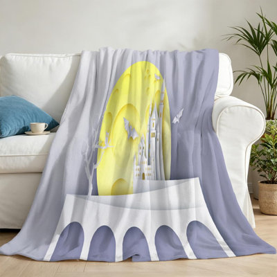 Yellow Ultra Soft Flannel Fleece Throw Blanket,of Castle on Halloween Single-Sided Print