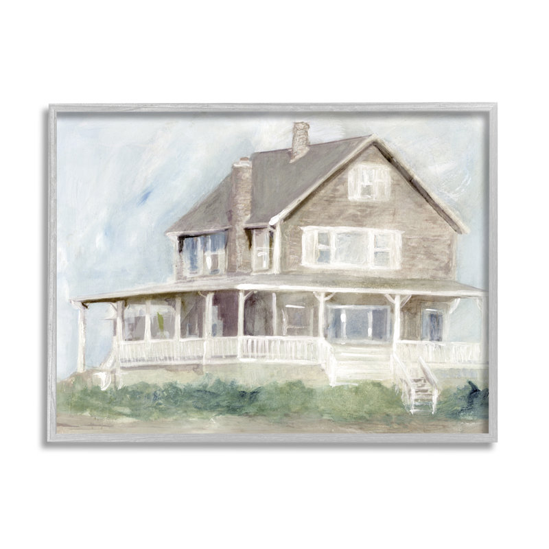 «Cape House Porch View» par Stellar Design Studio - peinture sur bois à cadre flottant, H 16 po x l 20 po x P 1,5 po