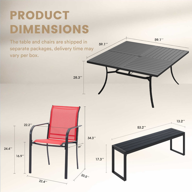 Ensemble repas carré 59,1 "avec banc, Rouge, Noir, noir, noir, noir