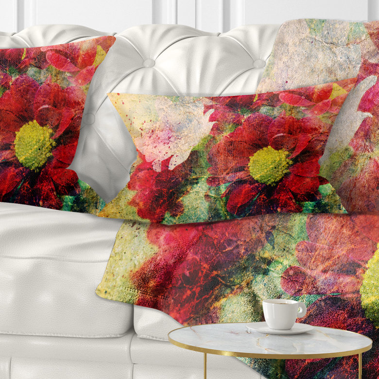 Red Flowers and Watercolor Splashes - Floral Printed Throw Pillow