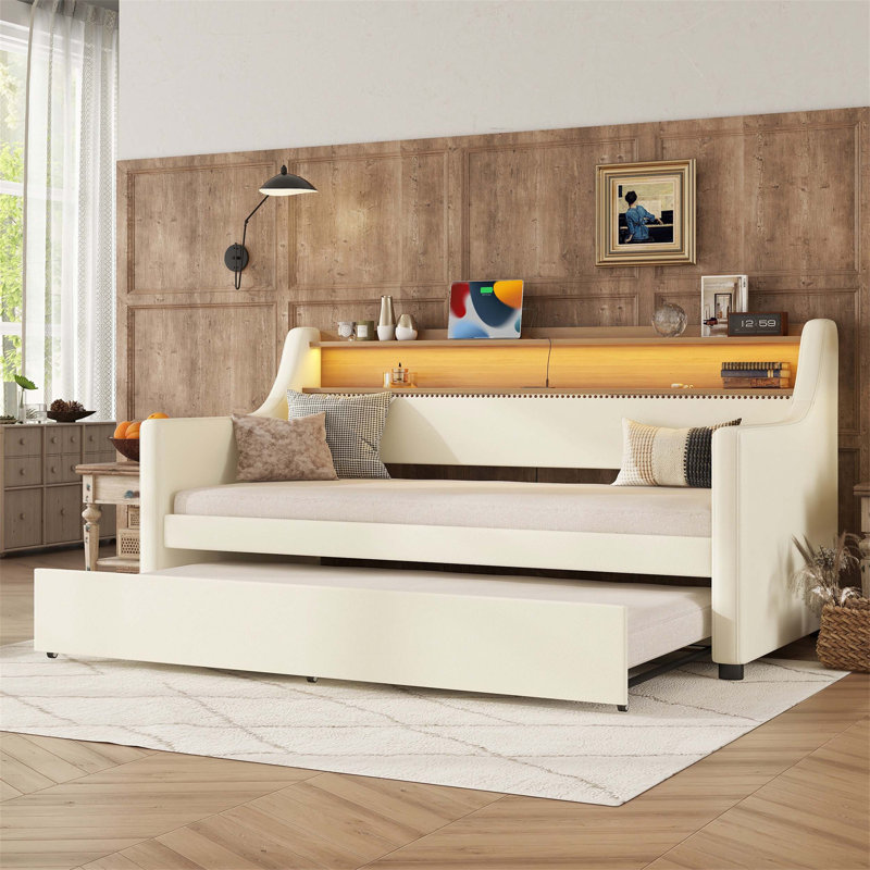 Twin Size Daybed with Trundle, Equipped with Charging Station and LED Lights for Enhanced Comfort and Functionality in Your Room