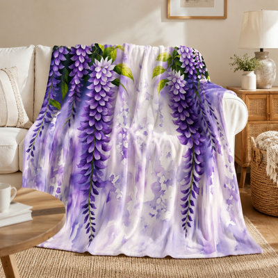 Cozy Flannel Fleece Throw Blanket - Watercolor Purple Wisteria Floral Pattern, Soft Purple Tone, Soft, Lightweight, Breathable, All‑Season, Skin‑Friendly, Machine Washable, Decorative, for Sofa, Couch, Bedroom, Living Room