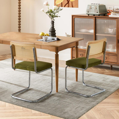 Velvet and Teddy Fabric Upholstered Side Chair with Cane Rattan Back