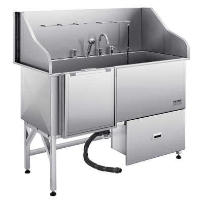 Baignoire de toilettage pour chien en acier inoxydable de 61 pouces avec rampe pliable, robinet d'eau chaude / froide et armoire de rangement VEVOR
