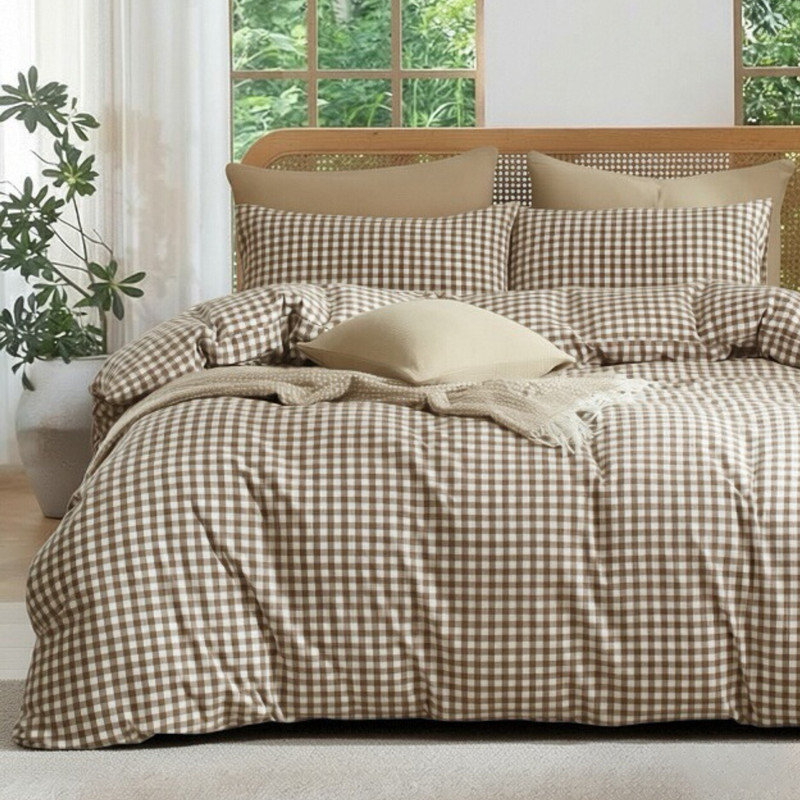 Ensemble de housse de couette en vichy à carreaux 100% coton lavé Life, Housse de couette très grand et 2 taies d'oreille