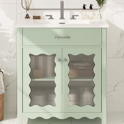31" Bathroom Vanity With Tempered Glass, Faux Drawer, Soft-Close Doors, And Curved Profile For A Modern Inviting Design Rubber Wood Legs Stable Elegant Centerpiece