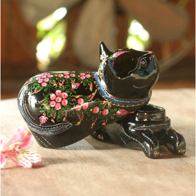 Boîte décorative décorative en bois de mangue kitty cat fair trade Larmon