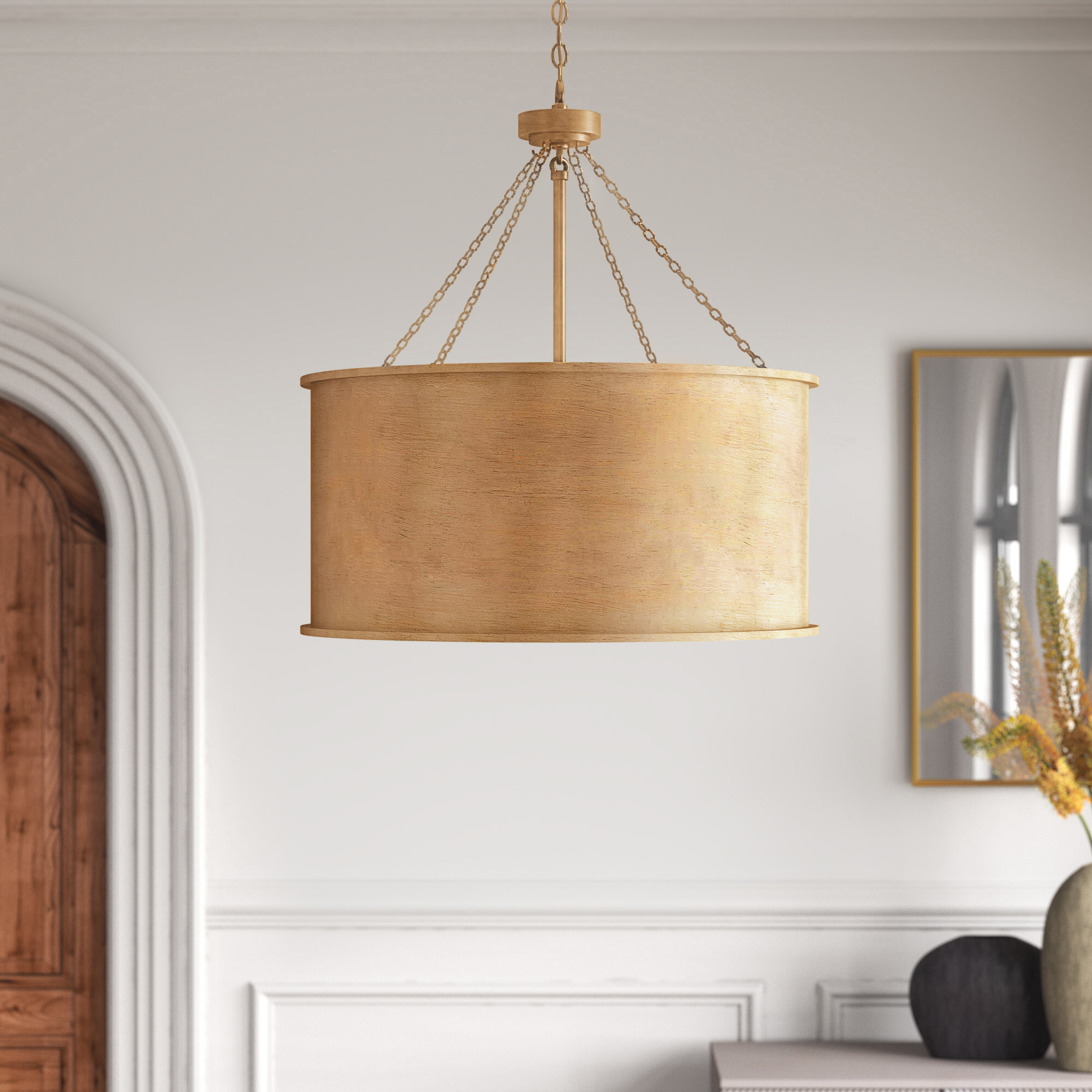 Soho Metal Dimmable Drum Chandelier, Gold Patina, 29" H x 25" W x 25" D, 6 Lights