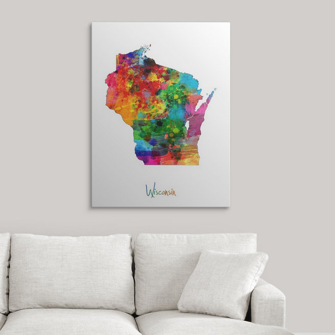 «Wisconsin Map» par Abarca, impression, H 24 po x l 18 po x P 1,5 po, Toile