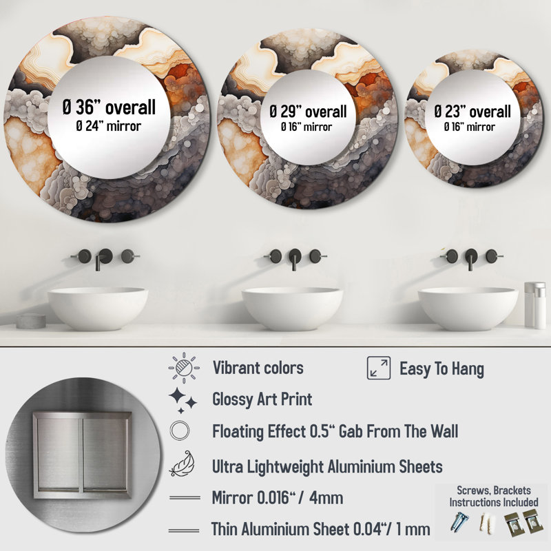 Stone Geode Scenery Minimalism III - Stone Geode Large Mirror, Beige Round Unique Wall Mirror Decor, Printed Metal Art