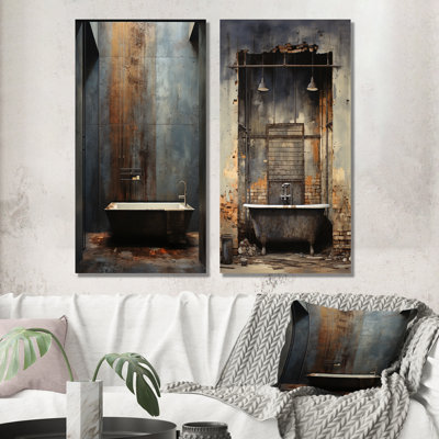 Black Industrial Minimalist Bath II - Bathroom Metal Prints Set Of 2