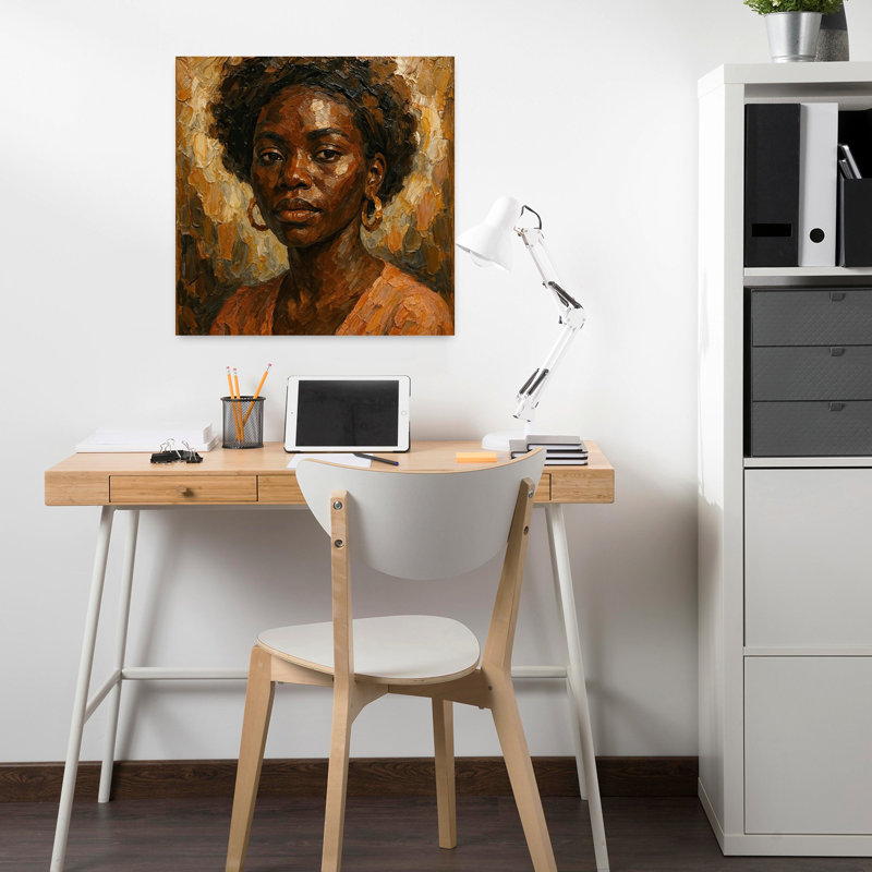 Portrait d'une femme africaine puissante dans des tons chauds de terre, art mural contemporain abstrait, H 18 po x l 18 po