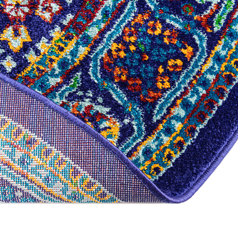 Tapis ovale oriental bleu marine / bleu / jaune, Ovale 5 pi 3 po x 8 pi