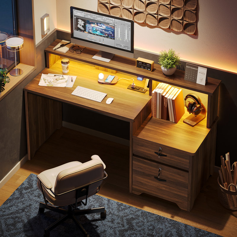 Bureau moderne de 55 po avec support d'ordinateur et 2 tiroirs, éclairage DEL, station de charge pour bureau personnel