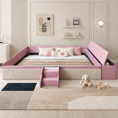 Lit de jour grand rembourré en velours avec escalier et repose-pieds avec rangement à vérin à gaz, couleur contrastée, garde-corps rembourrés