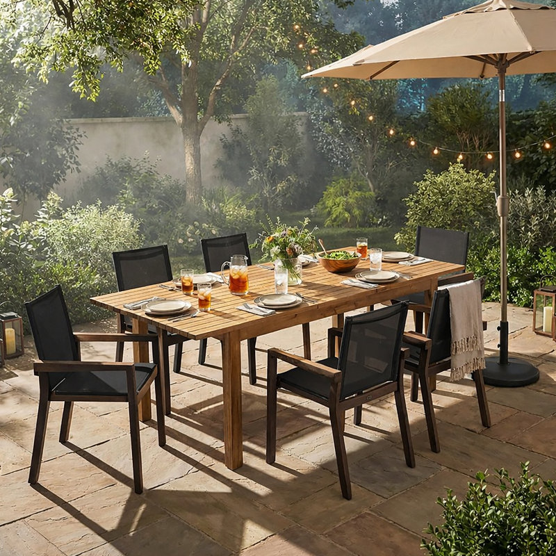 Ensemble de salle à manger d'extérieur en bois d'acacia 7 pièces, 1 table de salle à manger avec 6 chaises pour la pelouse, la cour et le jardin