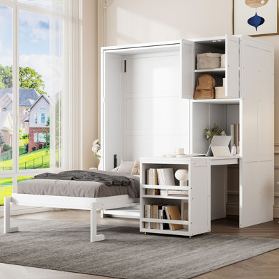 Lit escamotable mural simple avec bibliothèque, armoire supérieure, bureau extensible et rangement latéral