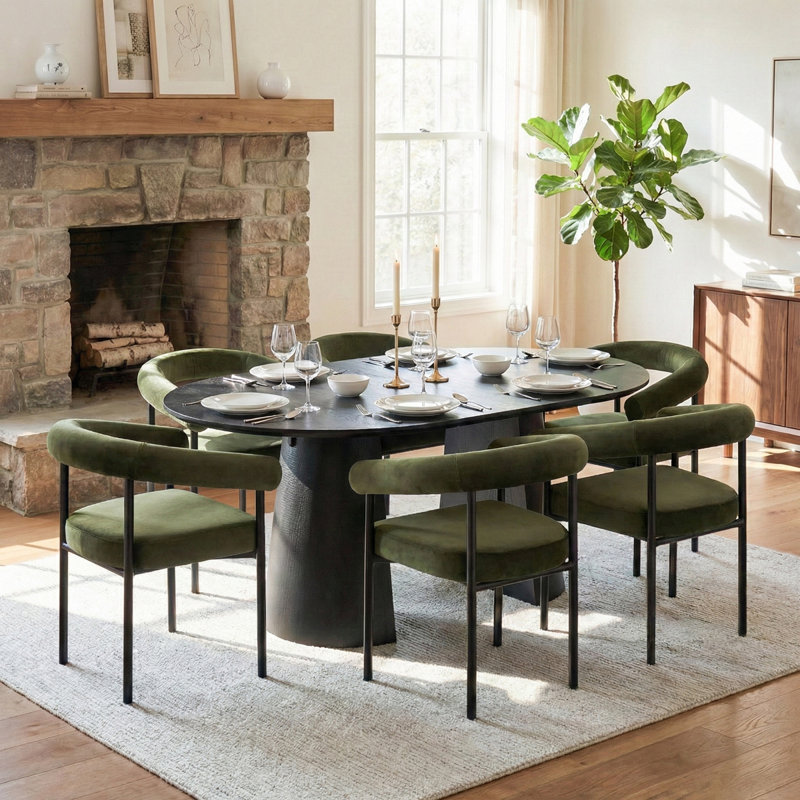 46"–83" Modern Extendable Dining Set With Dual Pedestal Base & Velvet Upholstered Arm Chairs, 7 Pieces: Table, 6 Chairs