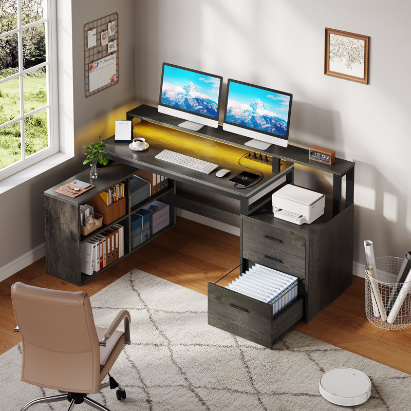 65'' L Shaped Computer Desk with File Drawer, LED Lights, Gray