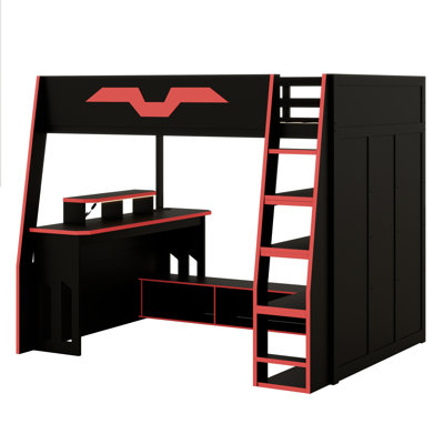Modern Loft Bed with Desk, Storage Shelves
