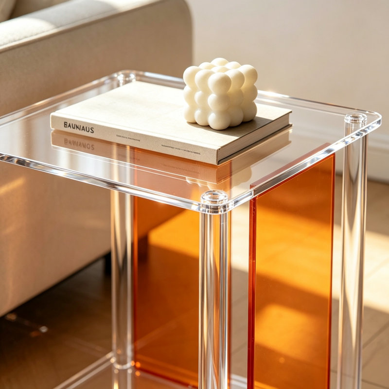 Table d'appoint carrée de 30 cm en acrylique transparent avec panneaux ambrés, table de chevet moderne