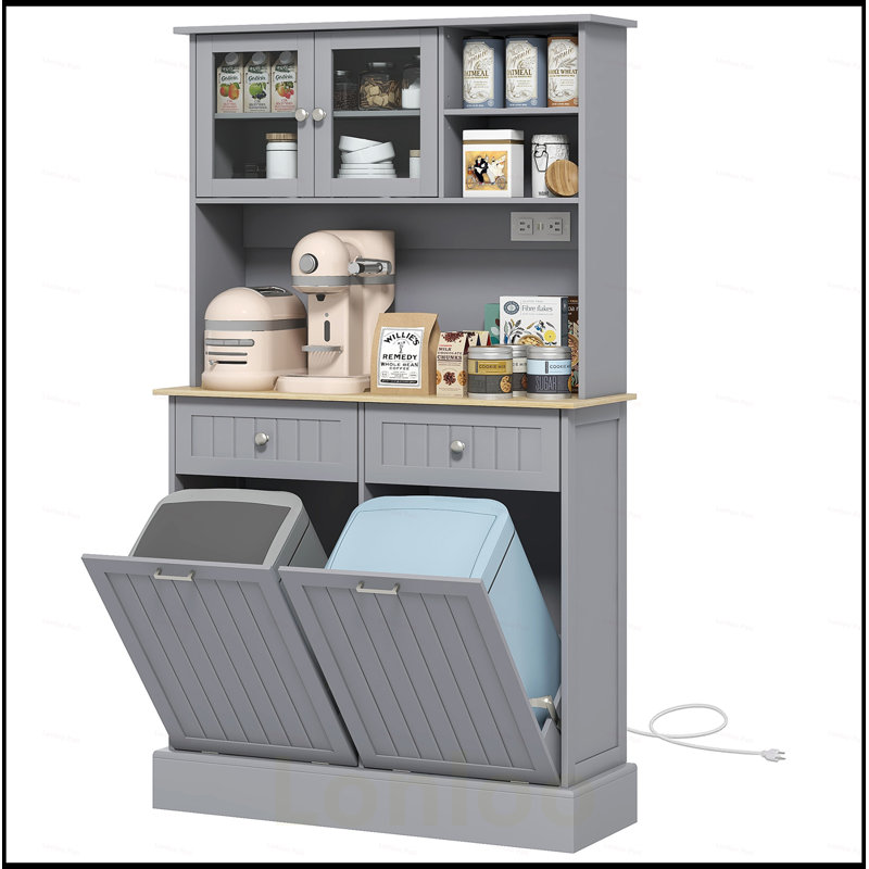 Kitchen Pantry Storage Cabinet with Charging Station, 2 Tilt Out Trash Cabinets, and Microwave Stand, Freestanding Hutch with Glass Doors and Adjustable Shelf