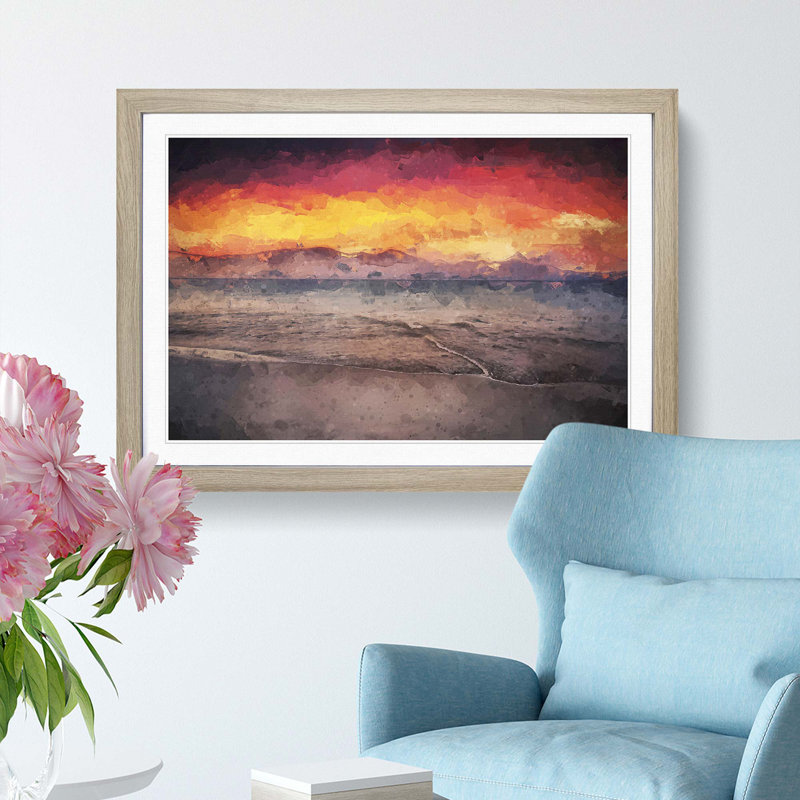 Spanish Beach at Sunset in Abstract - Picture Frame Graphic Art Print on MDF, Oak Framed, 62cm H x 87cm W x 2cm D