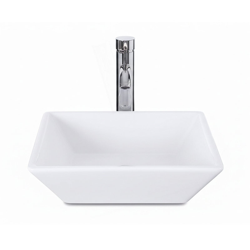 Lavabo vasque carré en céramique blanc pour meuble-lavabo, lavabo en porcelaine biseauté 16 po x 16 po avec robinet et bonde escamotable