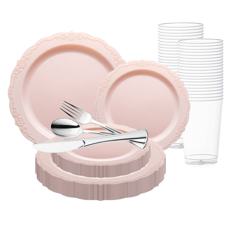 Ensemble de 30 pièces en plastique jetable rond rose vintage pour mariage