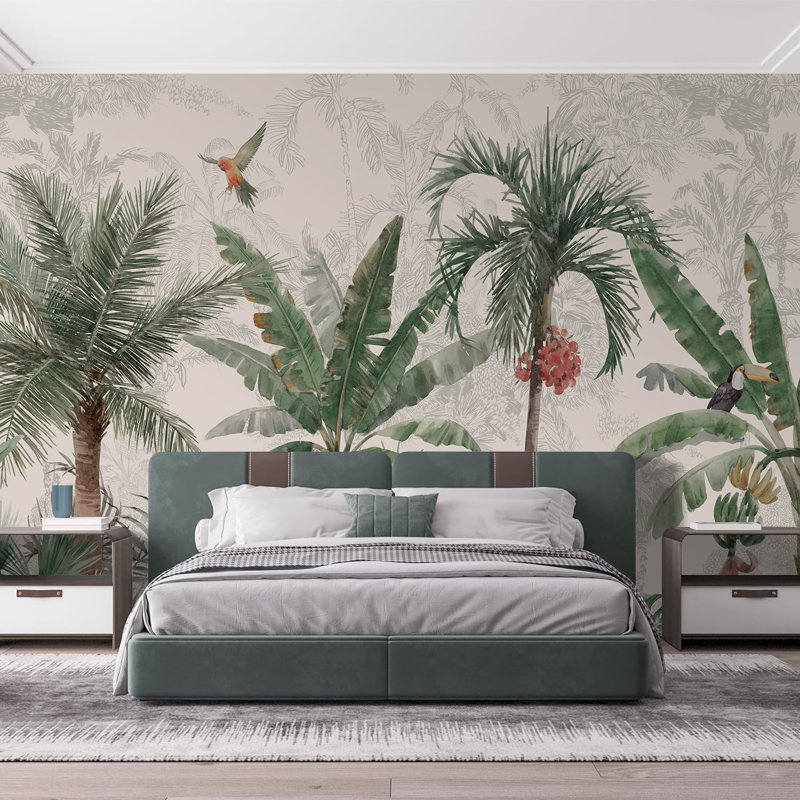 Jungle vibrante colorée avec oiseaux, L 108 po x l 120 po