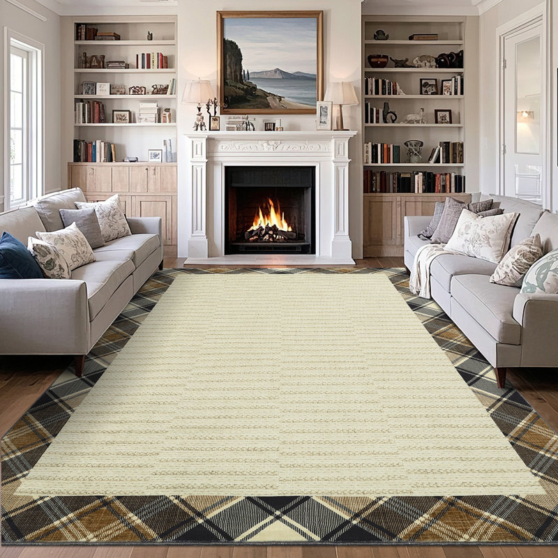 Modern Checkered Bordered Area Rug Machine Washable Rug Low Pile Throw Carpet Non Slip Non Shedding Floor Cover Stain Resistant Folding Carpet For Home Decor