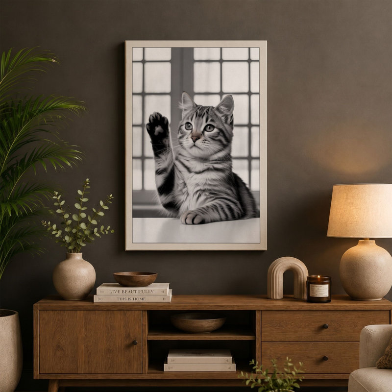 Cat at the Window Minimalist - Wrapped Canvas, 24x16 - 61.0 x 40.6 cm, Taupe Border