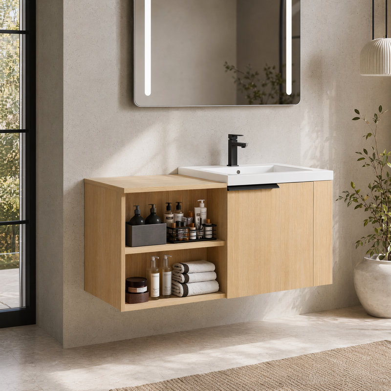 Base de meuble-lavabo 48 po avec portes à fermeture douce, armoire de rangement en bois d'ingénierie à finition chêne pour salle de bain, salle d'eau (lavabo non inclus)