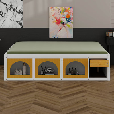 Lit plateforme en bois avec bibliothèque, vitrine et tiroir de rangement, lit de rangement multifonctionnel