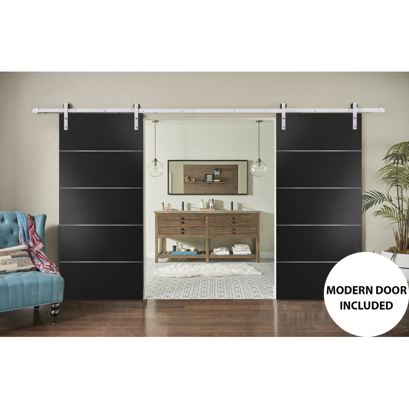 Porte de grange double robuste avec supports de rail Planum 0020 noir mat de 4 m (13 pi), portes intérieures à panneaux pleins et lourds - 122 cm x 203 cm (48 po x 80 po) (2 x 61 cm x 203 cm) - Rail argenté