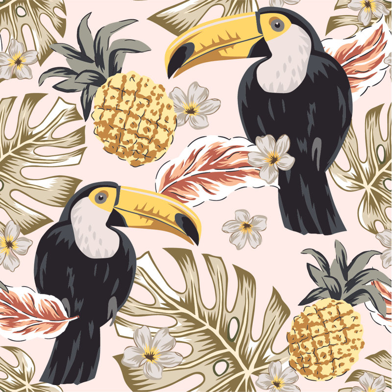 Adhésif mural toucans et ananas Kingzley, L 2,08 pi x L 18,75 pi