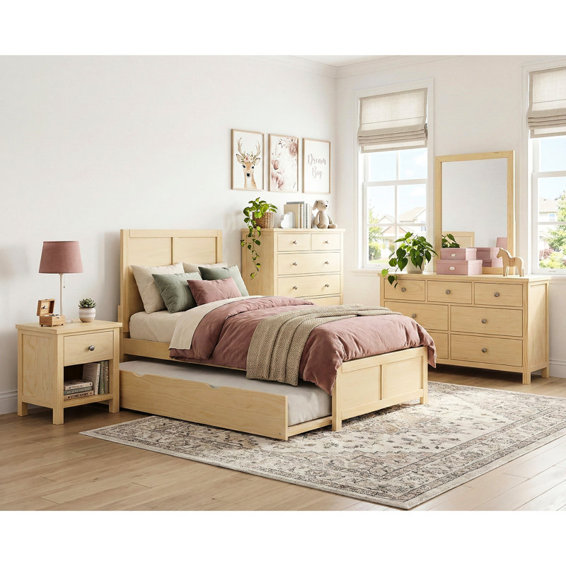Lit simple contemporain avec lit gigogne, finition pin, cadre livré et traverses, lit gigogne inclus, convient au style chambre à coucher côtière