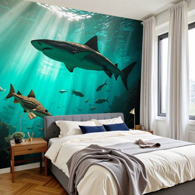 Peel and Stick Wallpaper 96" W x 69" H Modern Self Adhesive Wall Mural for Bedroom Underwater World Wild Fishes Tropical Sunlight Wildlife