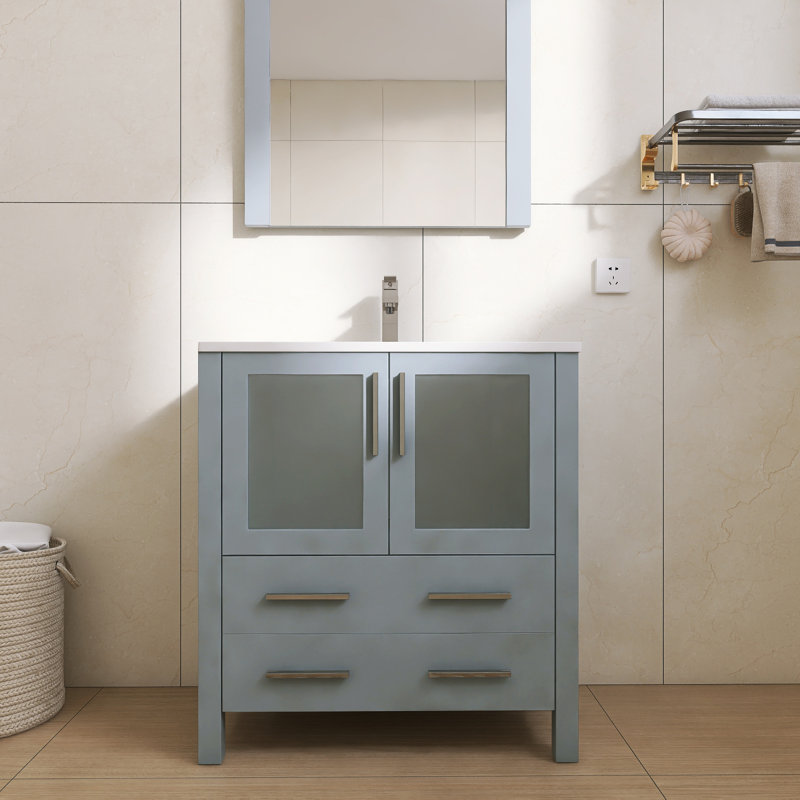30" Single Bathroom Vanity with Ceramic Sink & Soft-Close Doors & Drawer- Solid Wood Frame & Easy-Clean Design, Gray, 30"