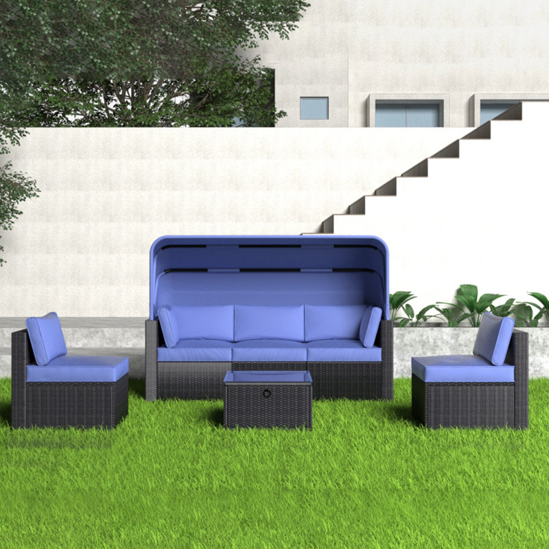 Lit de jour d'extérieur avec auvent, ensemble de canapé de patio convertible avec table élévatrice, mobilier de conversation en osier résistant aux rayons UV avec repose-pieds, 1A