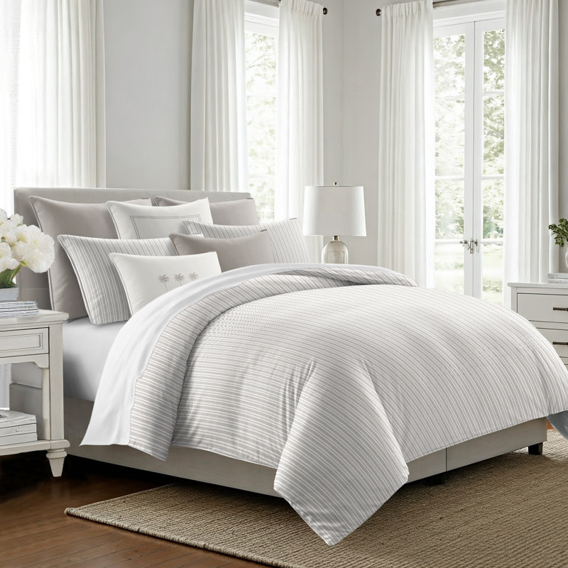 Pacific Stripe Cotton Reversible Coverlet Set, Cal.King Coverlet/Bedspread + 2 King Shams, Mushroom