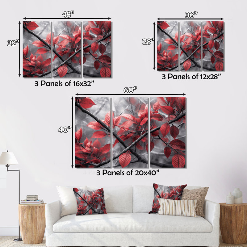 «Red Grey Leaves On Tree III» sur toile, reproduction de 3 pièces, H 40 po x l 60 po x P 1 po