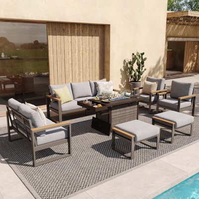 Outdoor 7-piece Patio Furniture Set With Fire Pit Table, 9-person Seating Sofa Set