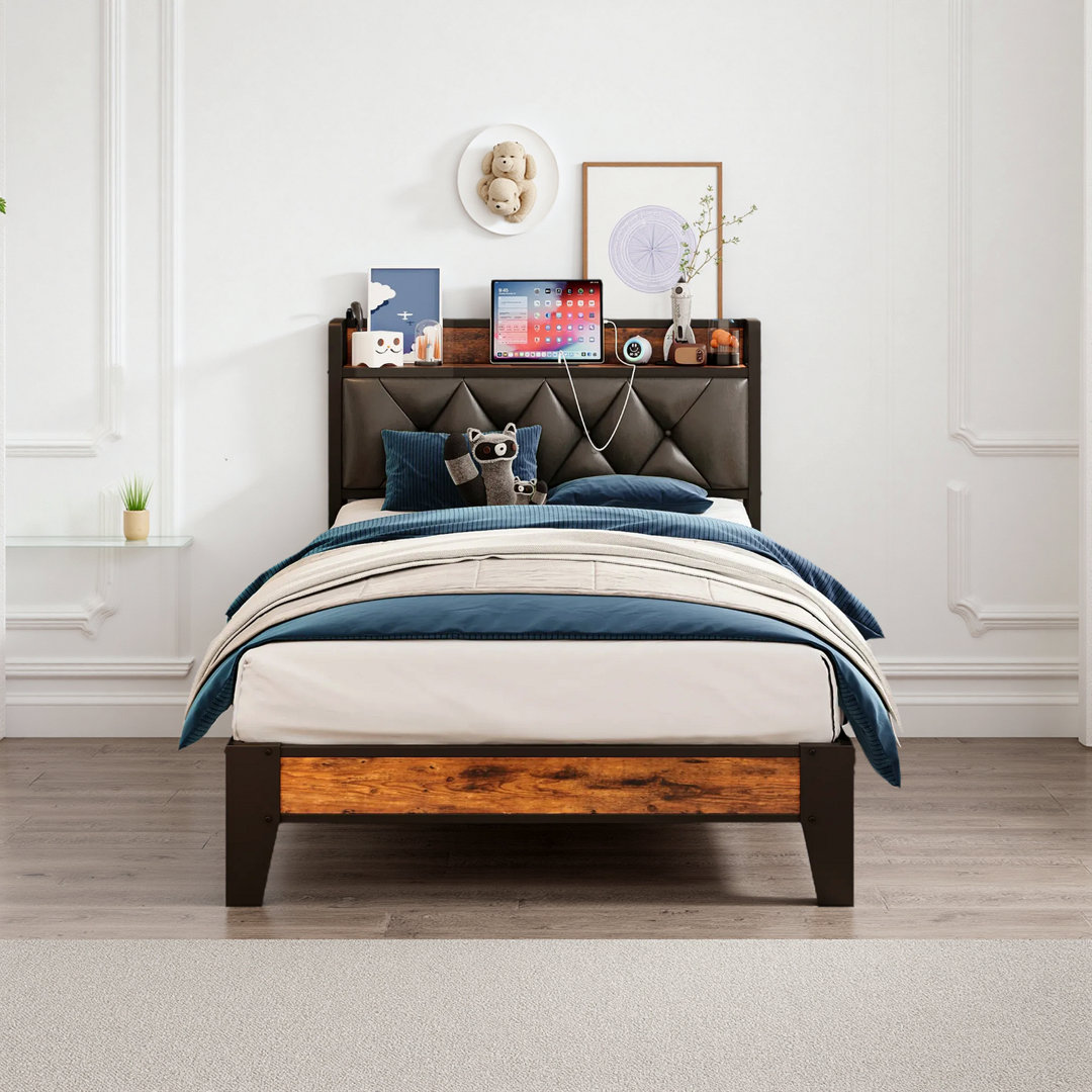 Semirah Vegan Leather Metal Bookcase Storage Bed 17 Stories