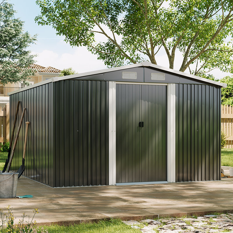 10 ft. W x 12 ft. D Metal Apex Garden Shed Outdoor Storage House, Grey