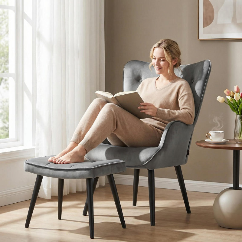 Tufted Wingback Chair and Ottoman, Gray