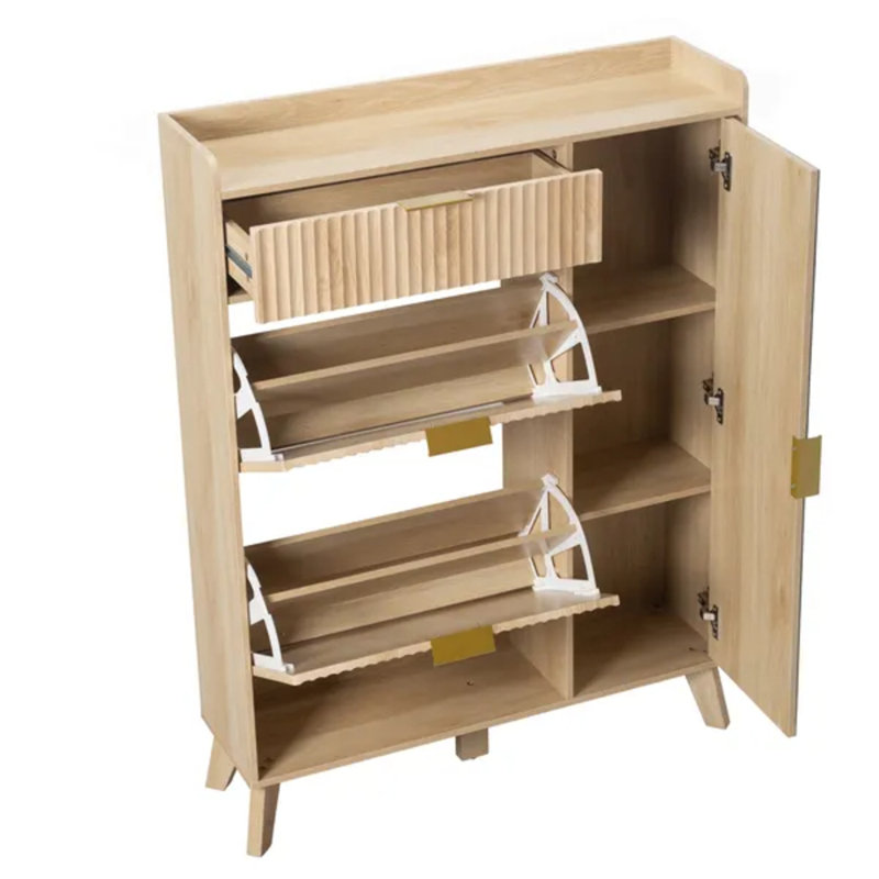 Armoire de rangement pour chaussures avec 2 tiroirs rabattables et armoire latérale, miroir intégré, range-chaussures modulaire 3-en-1 pour vestibule (naturel)