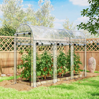 Serre de plain-pied avec accès au sol, serre Hoop de 10 pi x 3 pi x 6,5 pi avec 8 portes à enroulement, serre chaude pour plante avec structure en acier galvanisé pour la pelouse du jardin, transparent