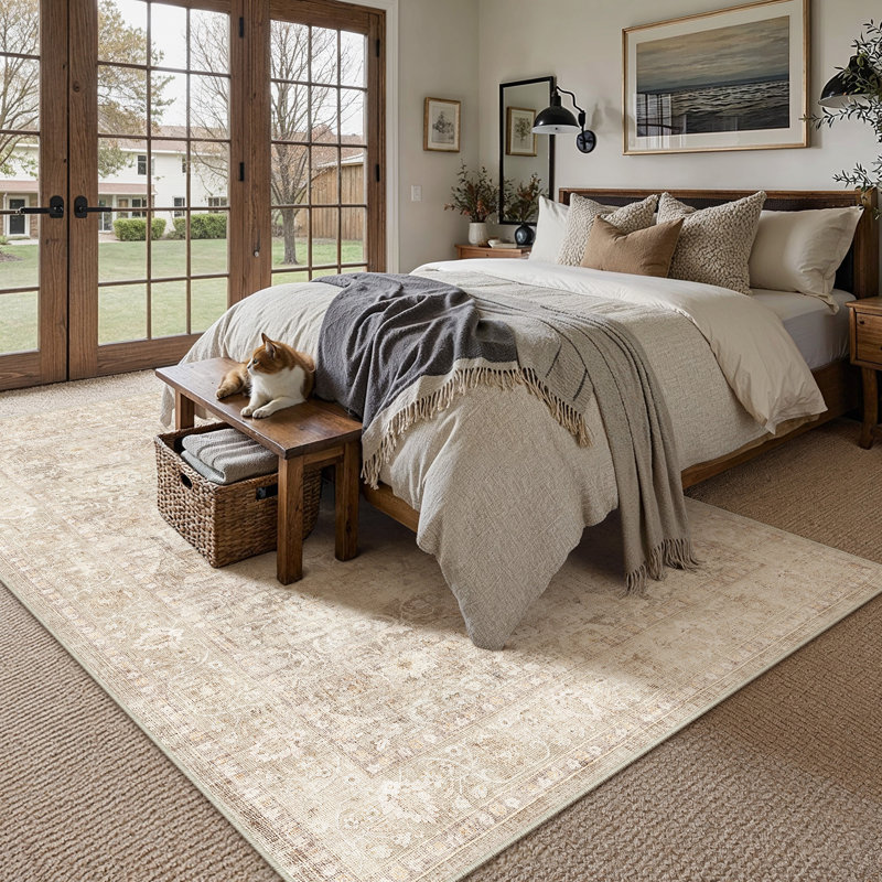 Bremerton Vintage Washable Beige Area Rug With Non-Slip Backing, Rectangle 8' x 10', Beige
