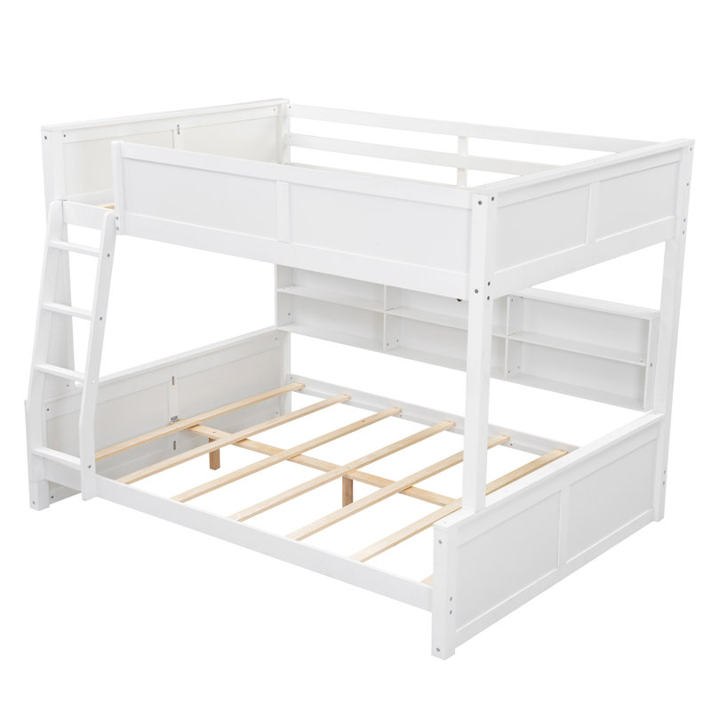 Lit superposé double au-dessus de grand lit double en bois massif avec tablettes, White